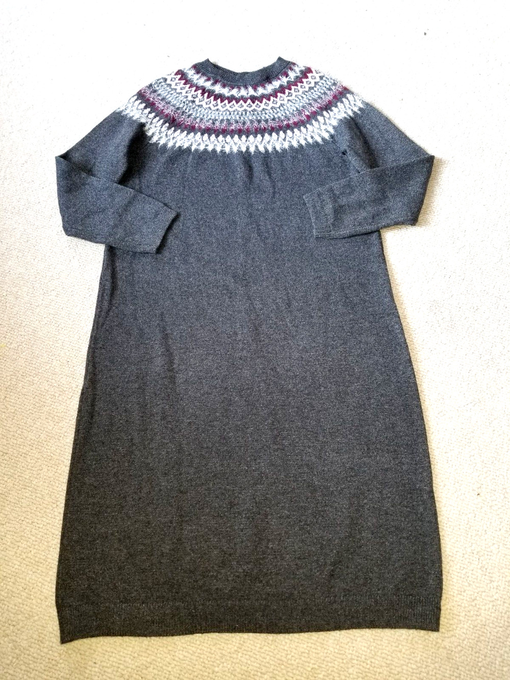 NWT Womens Sweater Dress-J.JILL-grey/pink/white Fair Isle Nordic cozy knit ls-S